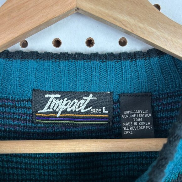 Chunky Teal Hip Hop Knit Sweater Size Large Grandpa 90s Streetwear Abstract Art - Picture 5 of 6